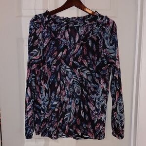 EUC Talbots Cotton Peasant Blouse 1X Feather Print Long Sleeve P2P 24"